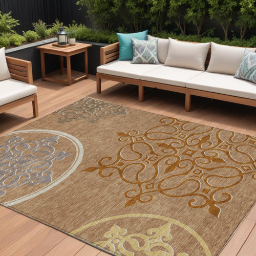 8' X 10' Terra Cotta Gold And Gray Floral Medallion Washable Indoor Outdoor Area Rug