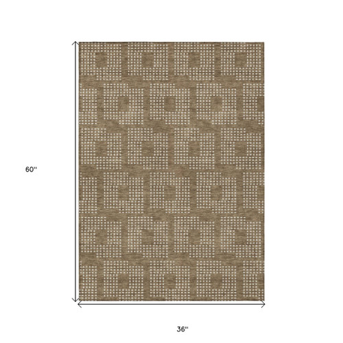 3' X 5' Brown And Ivory Geometric Washable Indoor Outdoor Area Rug