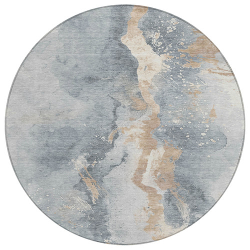 8' Gray Beige And Olive Green Round Abstract Washable Indoor Outdoor Area Rug