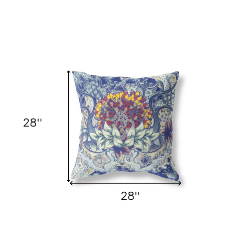 28" X 28" Blue And Red Blown Seam Geometric Indoor Outdoor Throw Pillow