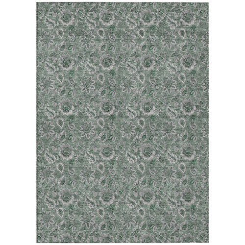 8' X 10' Sage Green And Silver Floral Washable Indoor Outdoor Area Rug