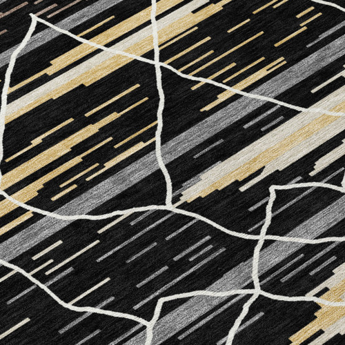3' X 5' Black Gray And Ivory Striped Washable Indoor Outdoor Area Rug