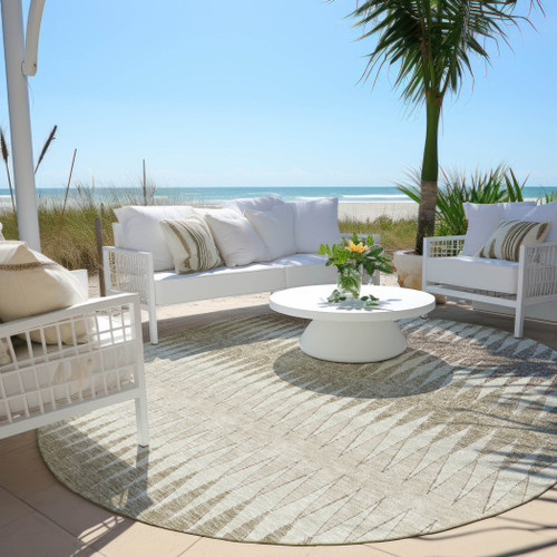 8' Taupe Beige And Ivory Round Striped Washable Indoor Outdoor Area Rug