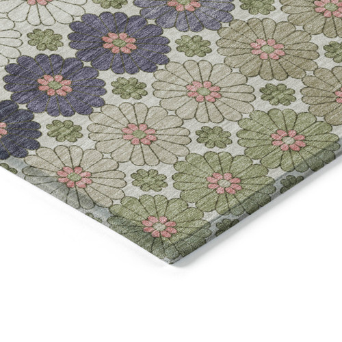 3' X 5' Artichoke Green Purple And Ivory Floral Washable Indoor Outdoor Area Rug