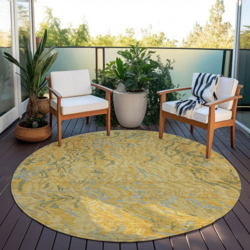 8' Gold Gray And Beige Round Abstract Washable Indoor Outdoor Area Rug