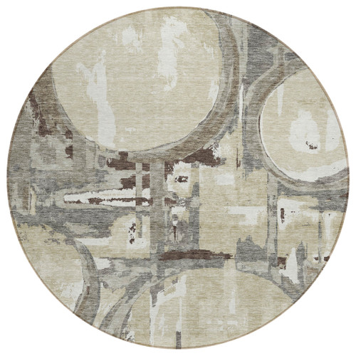 8' Tan Taupe And Beige Round Geometric Washable Indoor Outdoor Area Rug