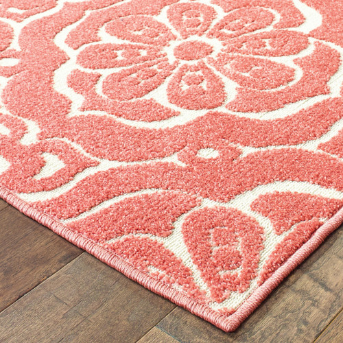 10' X 13' Pink Floral Stain Resistant Indoor Outdoor Area Rug