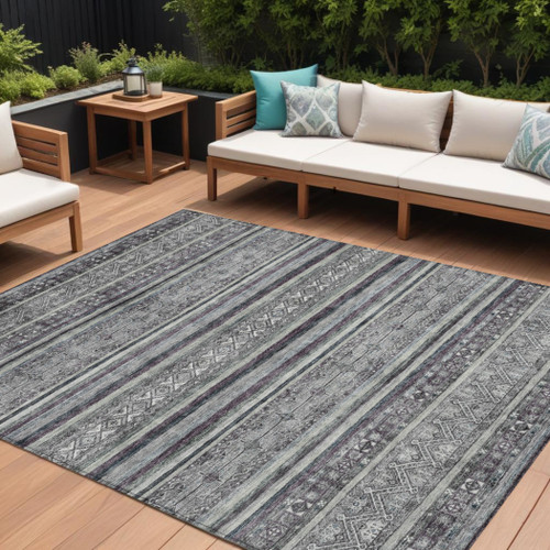 10' X 14' Gray Silver And Charcoal Southwestern Washable Indoor Outdoor Area Rug
