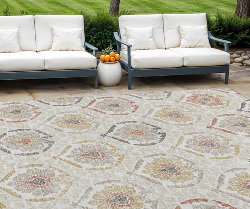 9' X 12' Ivory Gold And Taupe Medallion Washable Indoor Outdoor Area Rug