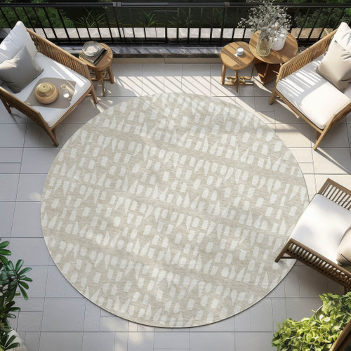 8' Beige And Ivory Round Geometric Washable Indoor Outdoor Area Rug