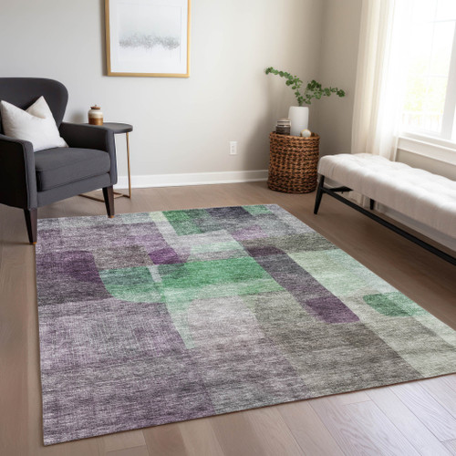 10' X 14' Purple Gray And Green Abstract Washable Indoor Outdoor Area Rug