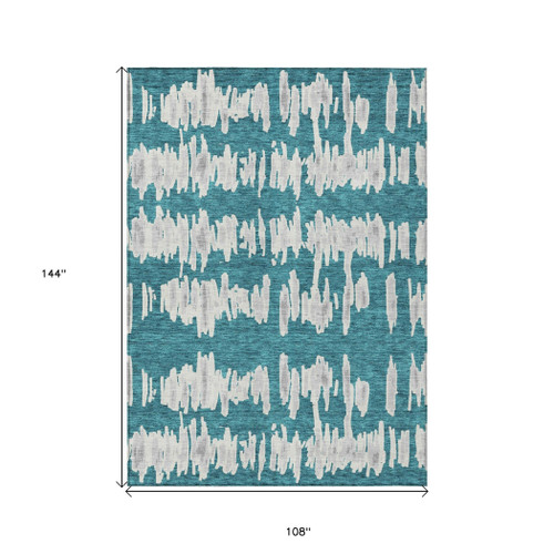 9' X 12' Teal Blue And Gray Striped Washable Indoor Outdoor Area Rug