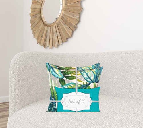 Set Of Three 18" X 18" White And Gray Zippered Tropical Throw Indoor Outdoor Pillow