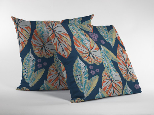 18 Orange Blue Tropical Leaf Indoor Outdoor Zippered Throw Pillow