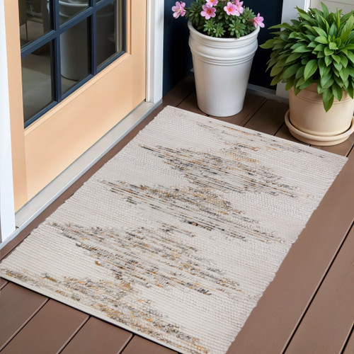 3' X 5' Beige Geometric Handmade Indoor Outdoor Area Rug