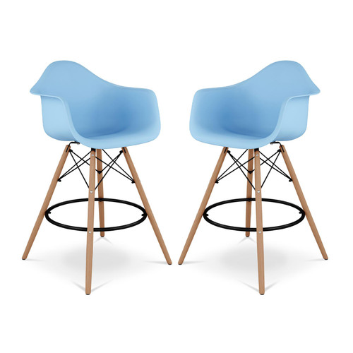 Set of Two 28" Blue Metal Heavy Duty Plastic and Solid Wood Low Back Counter Height Bar Chairs