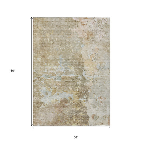 3' X 5' Khaki Abstract Washable Indoor Outdoor Area Rug