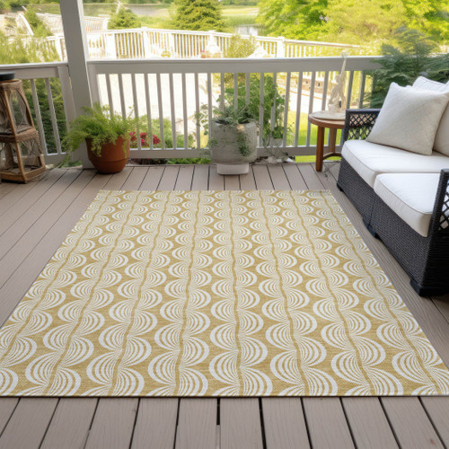 10' X 14' Gold And Beige Ogee Washable Indoor Outdoor Area Rug