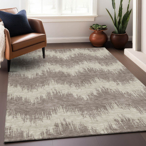 9' X 12' Taupe And Ivory Chevron Washable Indoor Outdoor Area Rug