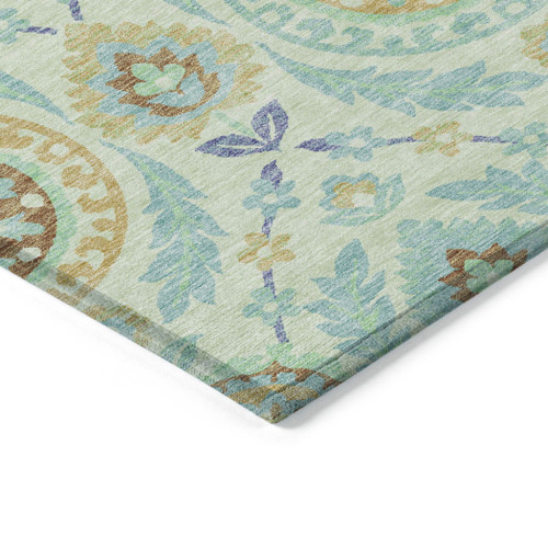 10' X 14' Mint Green Teal Blue And Beige Floral Washable Indoor Outdoor Area Rug