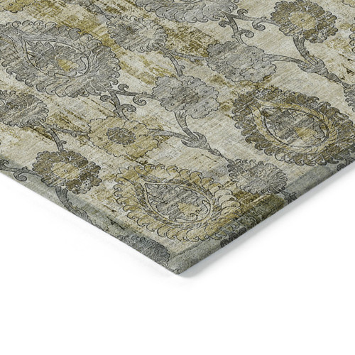9' X 12' Khaki Beige And Gold Damask Washable Indoor Outdoor Area Rug