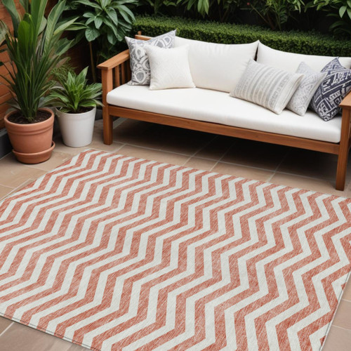 8' X 10' Salmon And Ivory Chevron Washable Indoor Outdoor Area Rug