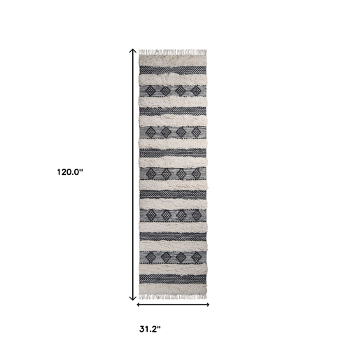 10' Black And Ivory Wool Striped Flatweave Handmade Stain Resistant Runner Rug With Fringe