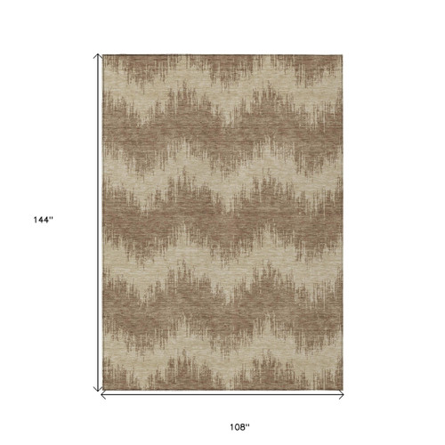9' X 12' Brown And Beige Chevron Washable Indoor Outdoor Area Rug