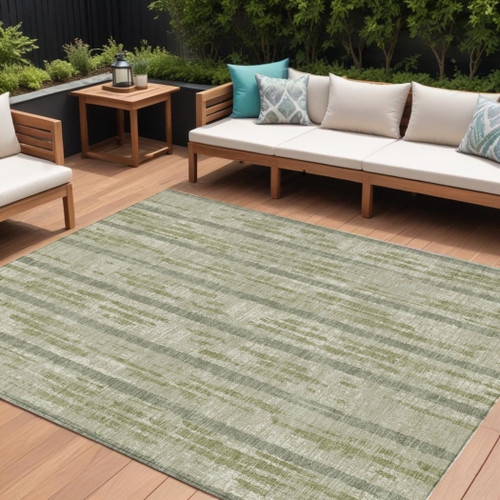 8' X 10' Artichoke Green Gray And Ivory Striped Washable Indoor Outdoor Area Rug