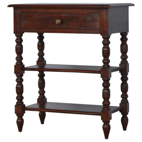 28" Brown Solid Wood End Table With Drawer And Two Shelves