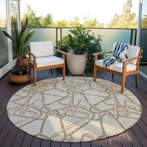 8' Beige Ivory And Brown Round Geometric Washable Indoor Outdoor Area Rug