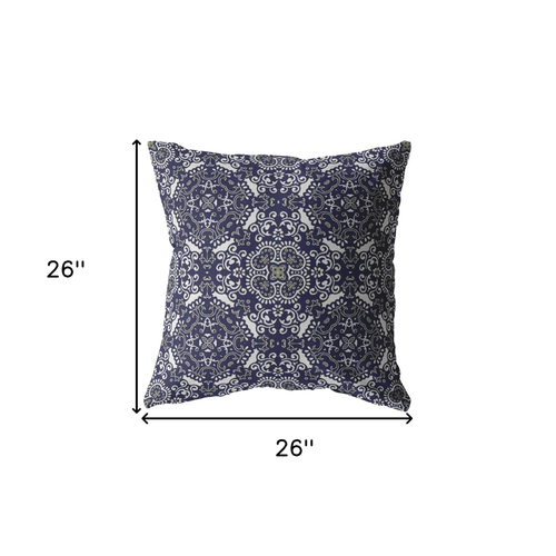 26" Navy Boho Indoor Outdoor Zippered Throw Pillow