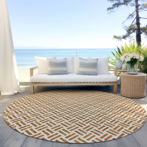 8' Copper And Ivory Round Geometric Washable Indoor Outdoor Area Rug
