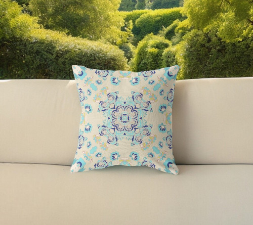 20 Blue Beige Wreath Indoor Outdoor Zippered Throw Pillow