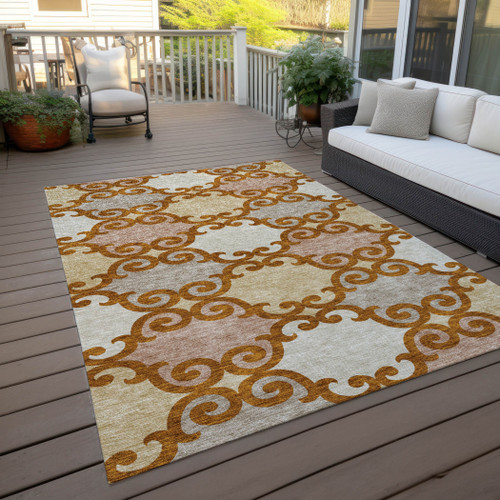 9' X 12' Terra Cotta Beige And Gray Trellis Washable Indoor Outdoor Area Rug