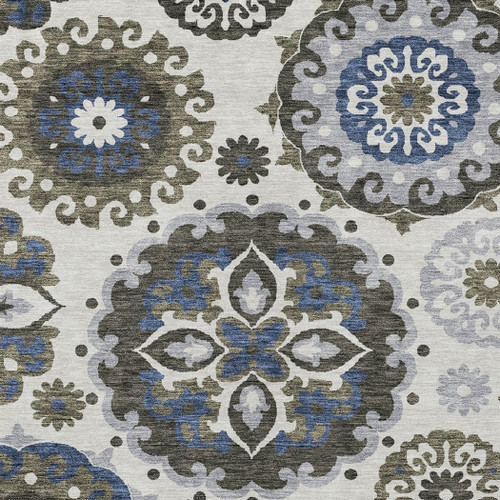8' X 10' Pewter Silver And Gray Floral Medallion Washable Indoor Outdoor Area Rug