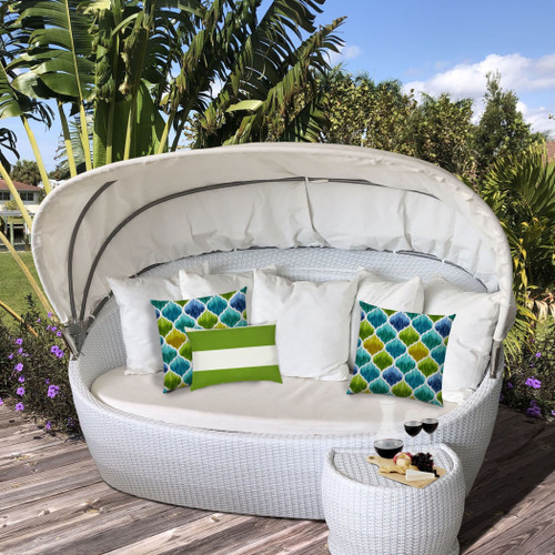 Set Of Three 18" X 18" Green And Yellow Blown Seam Quatrefoil Throw Indoor Outdoor Pillow