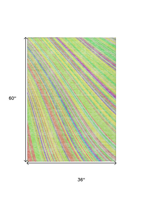 3' X 5' Yellow Lime Green And Purple Striped Washable Indoor Outdoor Area Rug