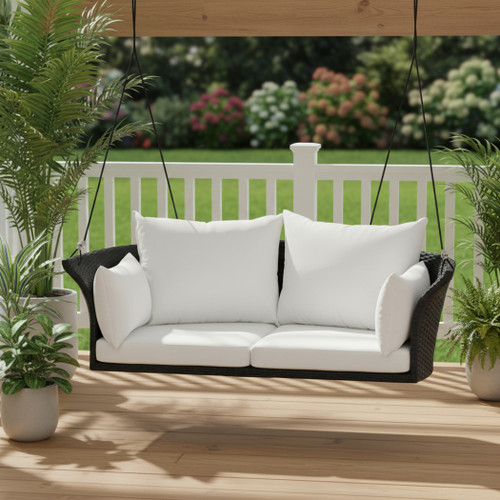 Woven Rattan Outdoor Swing Chair with White Cushion