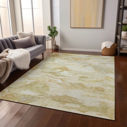 9' X 12' Beige Light Green And Brown Abstract Washable Indoor Outdoor Area Rug
