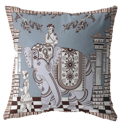 18 Blue Brown Ornate Elephant Indoor Outdoor Zippered Throw Pillow