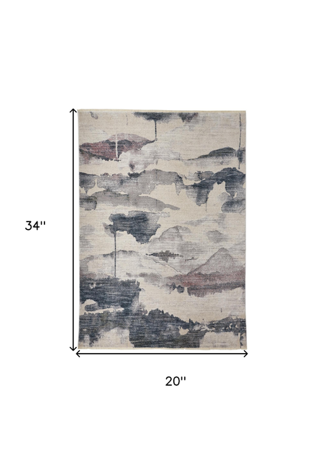 2' X 3' Ivory Blue And Pink Abstract Stain Resistant Area Rug
