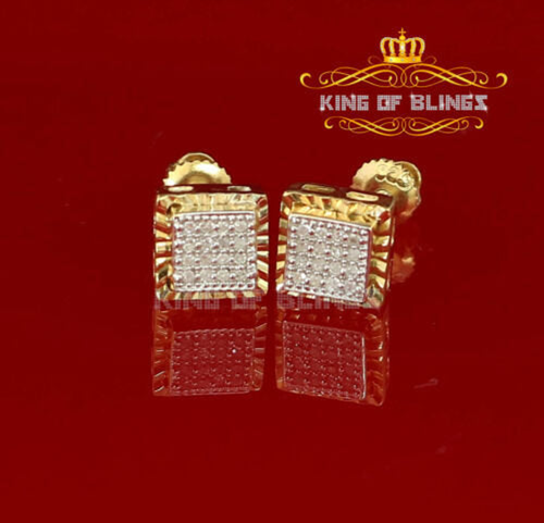 10K Yellow Gold Finish Genuine 0.10CT Diamond Square Silver Earrings