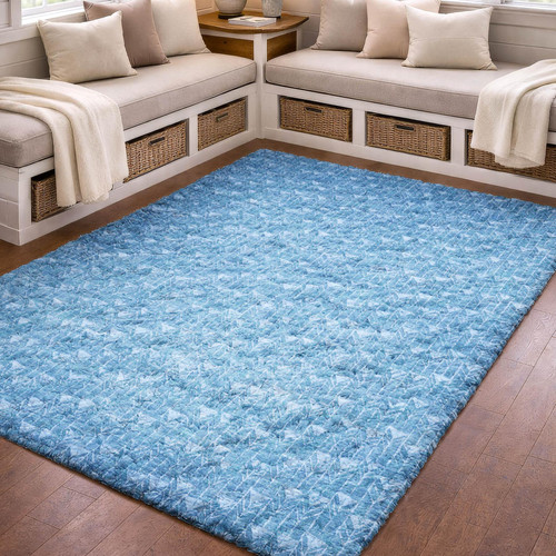 5' X 8' Blue And Denim Blue Geometric Shag Washable Area Rug With UV Protection