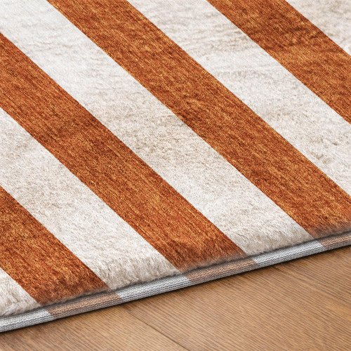 5' X 8' Orange And Ivory Striped Shag Washable Area Rug With UV Protection