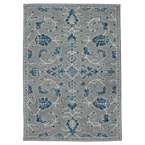2' X 3' Gray Blue And Ivory Wool Floral Medallion Hand Hooked Area Rug