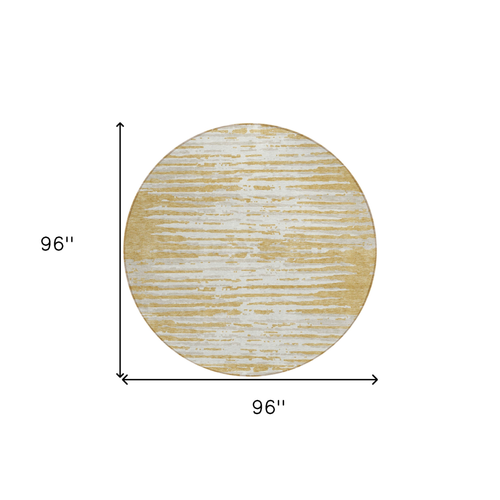 8' Gold Gray And Beige Round Striped Washable Indoor Outdoor Area Rug
