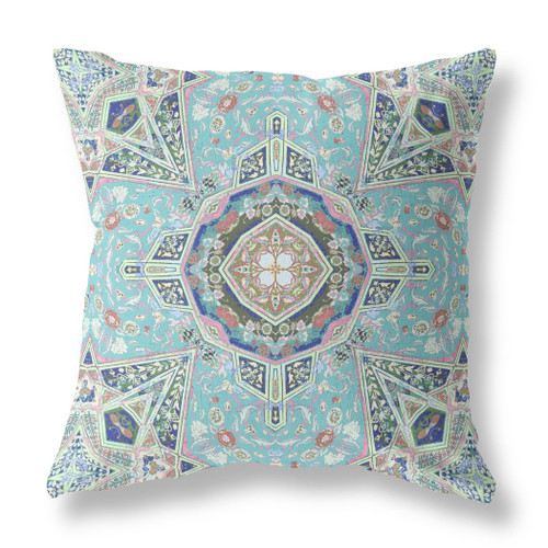 28" X 28" Aqua Blown Seam Geometric Indoor Outdoor Throw Pillow Cover & Insert
