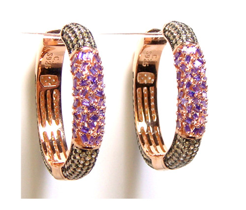 Simulated Amethyst & Diamond Square Pave Cz Hoop Earrings, All Around, 925 Sterling Silver, Rose Gold