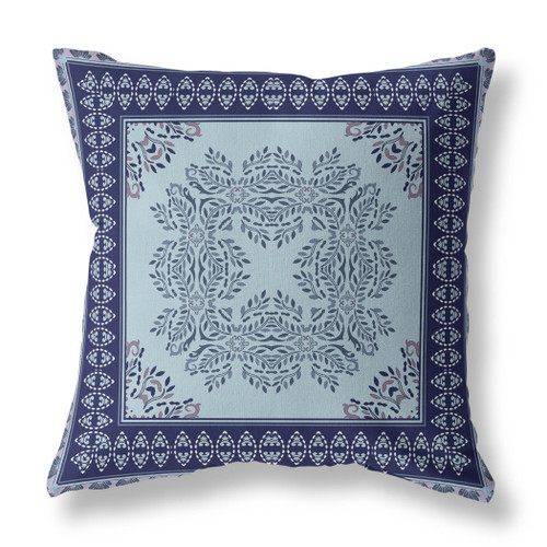 28" White Dark Blue and Light Blue Damask Indoor Outdoor Throw Pillow